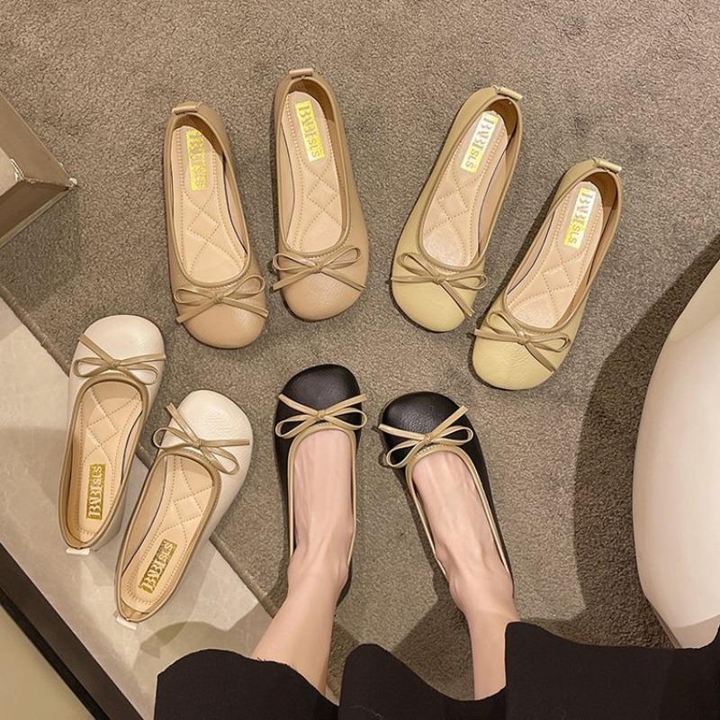 Fashion PU Leather Bow Ballet Flats Single Shoe Women's Candy Colored Bow Flats Soft Comfortable Women's Ballet Flats Loafers