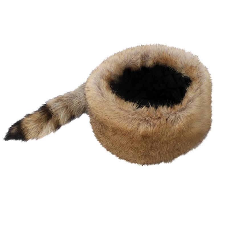 Russian Round Flat-top Hat, Autumn and Winter New European and American Style Raccoon Tail Warm Ear protection Hat for Women