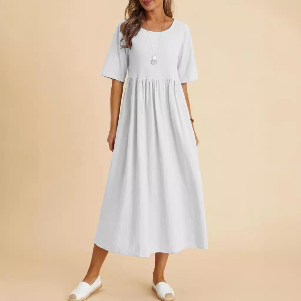 O Neck Loose Cotton Linen Pocket Long Dress Solid Color Women Half Sleeve Pleated Dresses