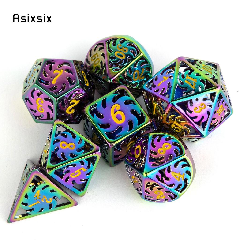 7 шт. красочные вращающиеся металлические кубики с ветряной мельницей, набор полых металлических многогранных кубиков, подходящий для ролевой игры, настольной игры, карточной игры