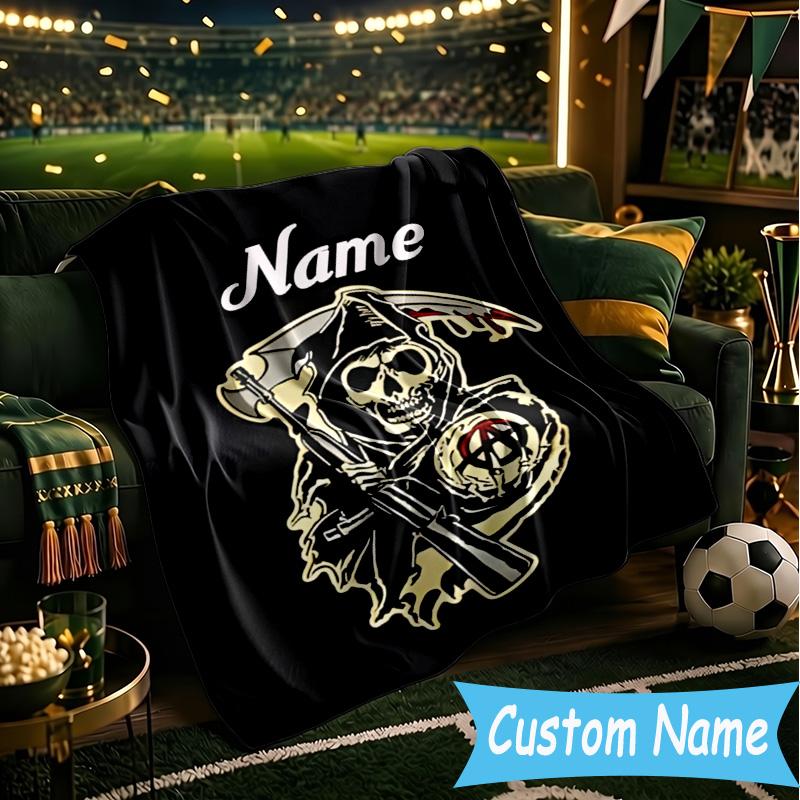 1PC Custom Name Biker Club Anarchy Throws Blanket Flannel Blankets for Couch Bed Gifts for Men Women Travel Picnic Christmas fan Gifts
