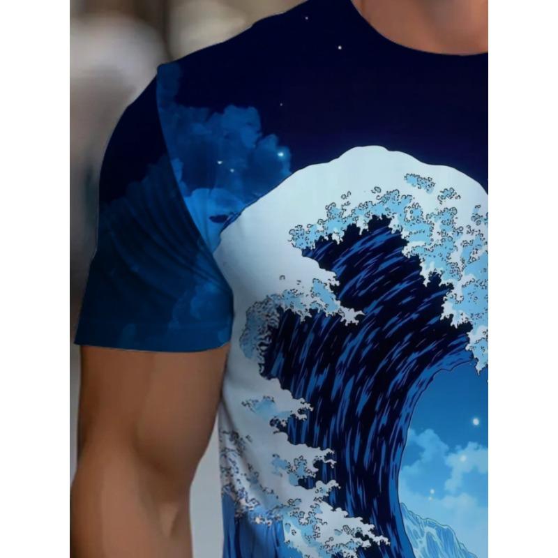 Men's Great Wave 3D Printed T-Shirt Casual Short Sleeve Crewneck Top Cool Ocean Sea Surge Graphic Tee Trendy Japanese Style Summer Streetwear Clothes