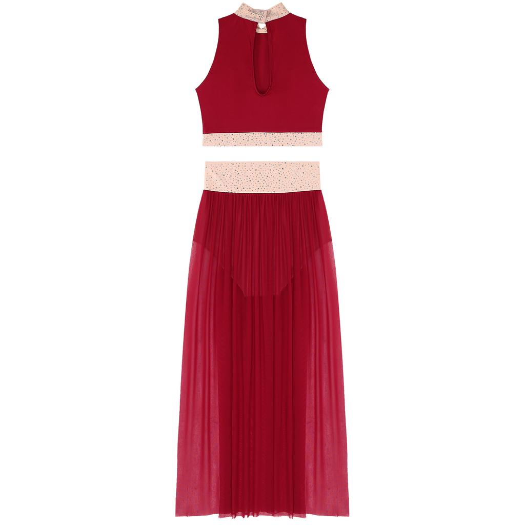 S-XL Womens Shiny Rhinestones Lyrical Dance Outfit Mock Neck Sleeveless Keyhole Back Crop Top with Side Split Flowy Mesh Skirt