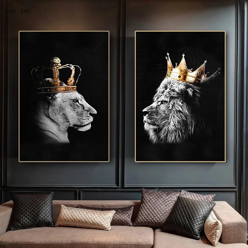 Lion Canvas Painting Wall Art Animals King and Queen with Golden Crown Posters and Prints Wall Art Pictures for Home Decoration