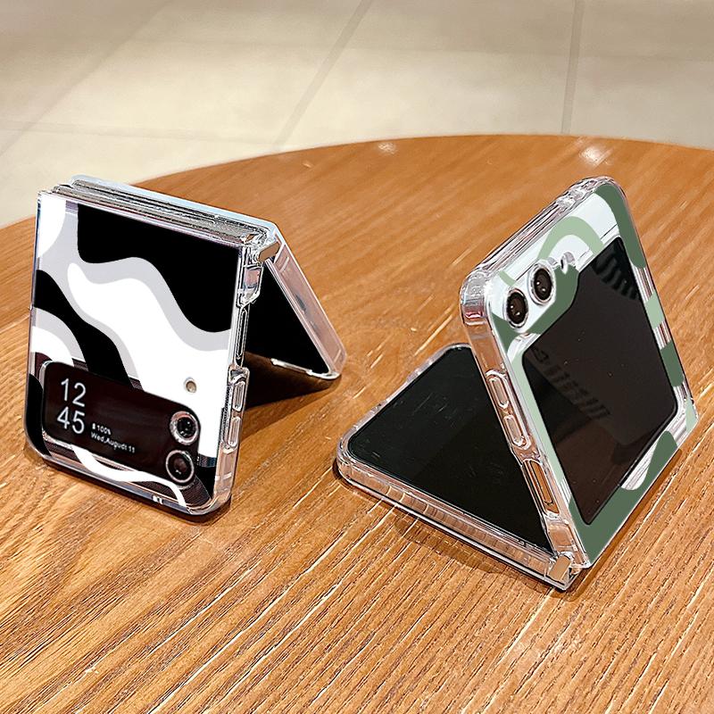 Transparent Soft Phone Case For Samsung Galaxy Z Flip 6 5 4 3 5G Flip6 Flip5 Flip4 Metal Buckle Wave Pattern Clear Folding Cover