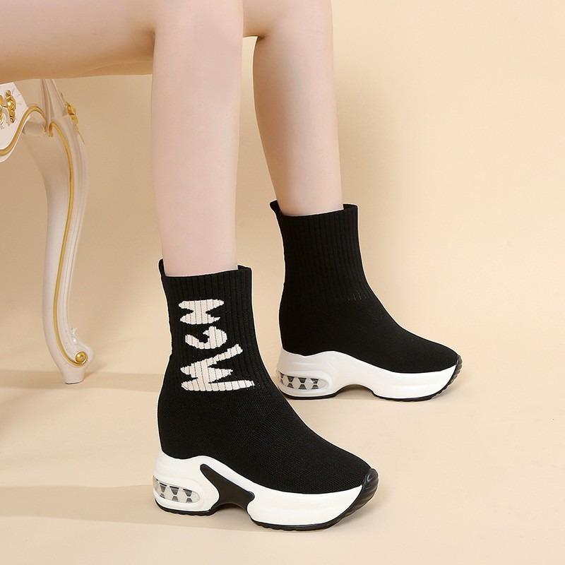 Большого размера тонкие ботинки для женской осени и зимы, новые, из мухоткани, высокие, эластичные, на толстой подошве-маффине, женские короткие ботинки на одной педали