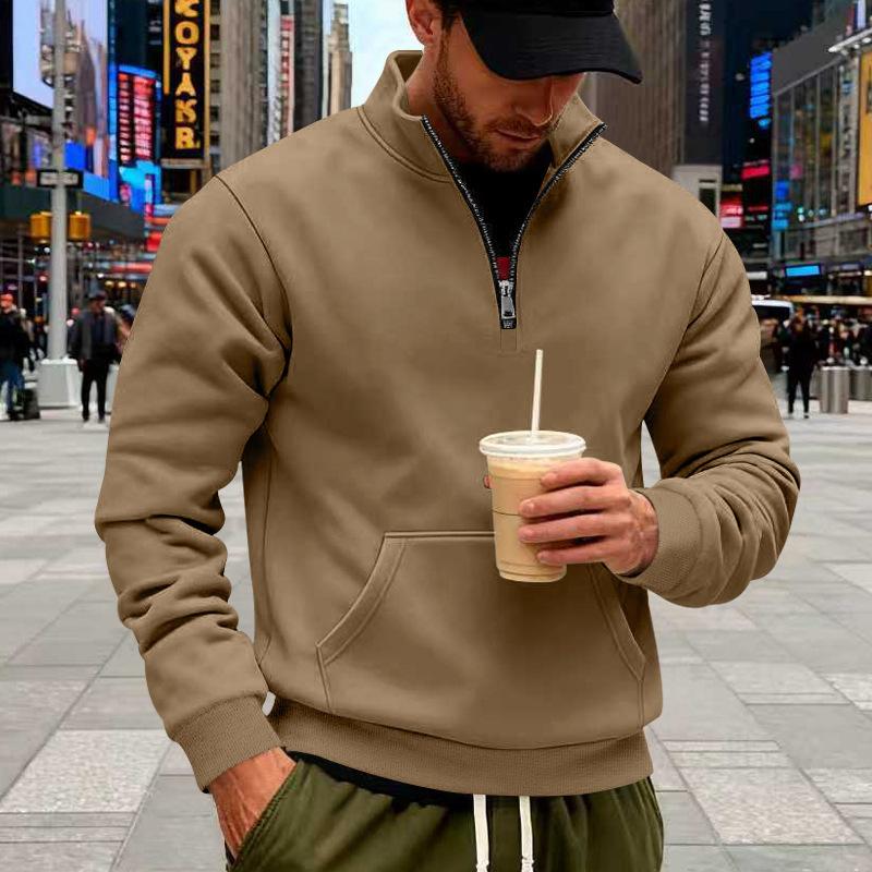 Men’s Autumn/Winter Retro Casual Loose-Fit Comfortable Half-Zip Fleece-Lined Plain Sweatshirt