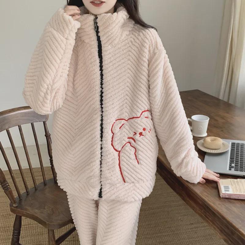 Women's Plush Zipper Pajamas - Autumn/Winter, Cute Stand Collar, Plus Size Coral Fleece Homewear