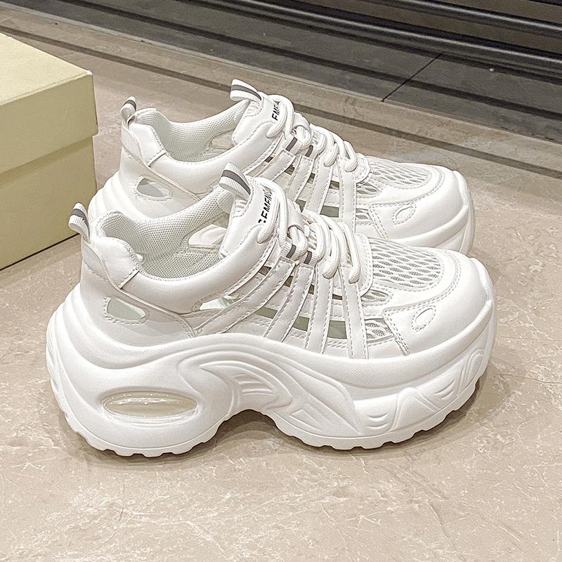 Модные 7,5 см Дышащие Полые Кожаные Женские Сандалии Вулканизированная Сетка Массивная Обувь Обувь на Платформе Высокие Каблуки Повседневные Летние Кроссовки