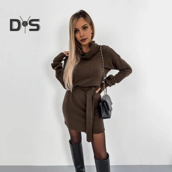 Платье женское осень-зима на шнуровке с высокой талией, высоким воротником, длинными рукавами, облегающее, плотное, теплое, мини-платье