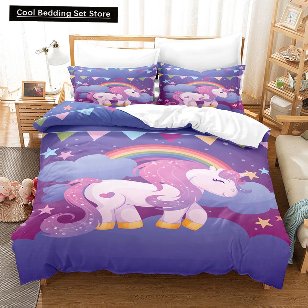 Комплект постельного белья Rainbow Unicorn Kawaii с изображением мультяшных животных для детей и девочек, 2/3 шт., односпальный, двуспальный, двуспальный, комплект пододеяльников размера Queen