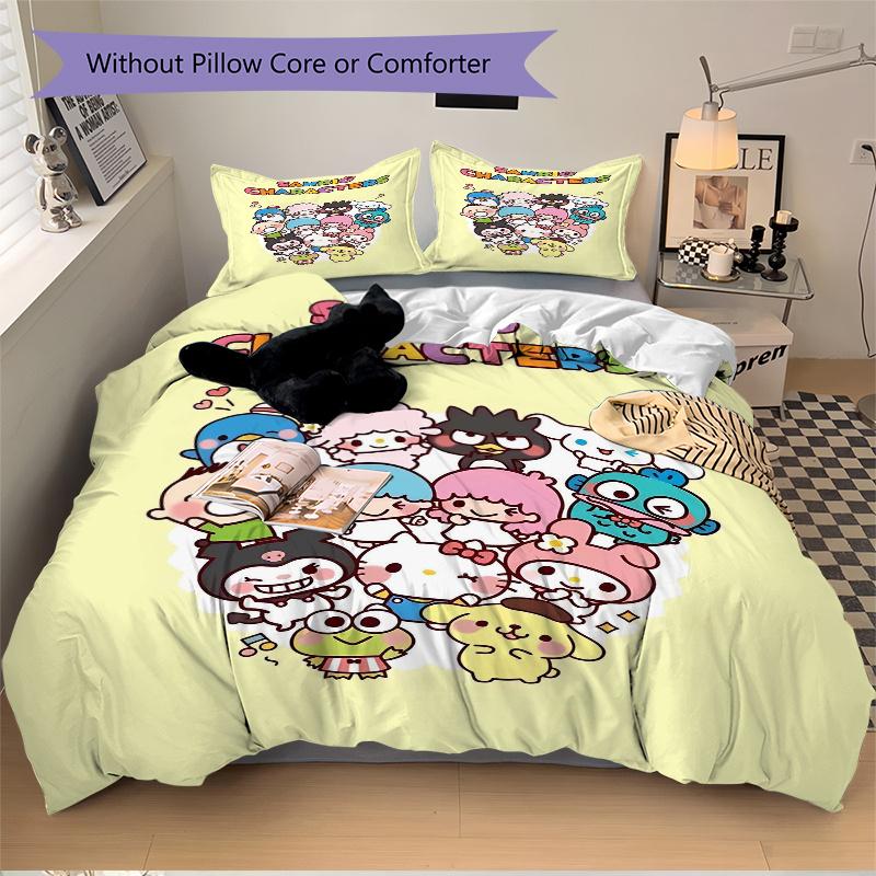 3 шт. Комплект постельного белья с рисунком «Сбор персонажей Sanrio», 1* Пододеяльник + 2* Наволочки, Комплект постельного белья с принтом, Мягкий и удобный.S085