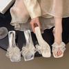 Lace Female Transparent 2025 Beaded Bow New Sandals Style Square Head Cool Slippers Thick Heel High Heel Summer