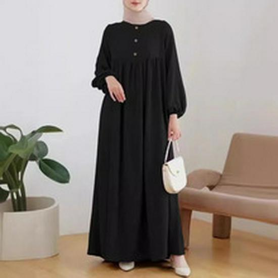 2024 Middle East Muslim Women's Puff Sleeve Dress with Zipper Placket and Elastic Cuffs