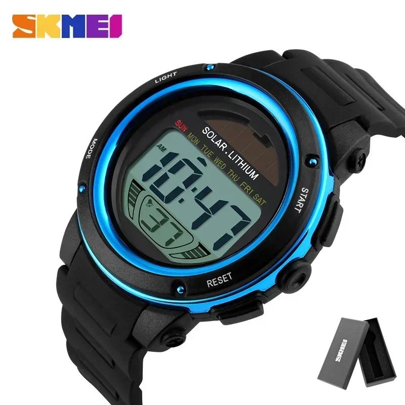 SKMEI 1096 Цифровые часы reloj hombre Наручные часы для спорта на открытом воздухе Мужские Солнечные с PU ремешком Мужские Хронограф Будильник 5 Бар Водонепроницаемые