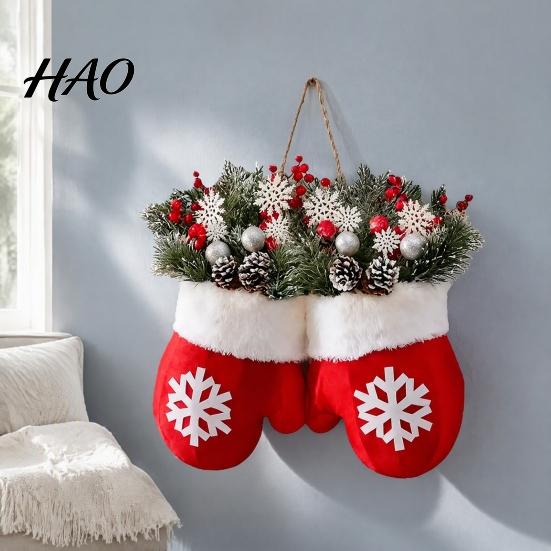 Hanging Door Ornament for Holiday Christmas Mitten/Stocking Wreath, Decorative Artificial Wreath with Berries Pine Cones, Branches, Decoration