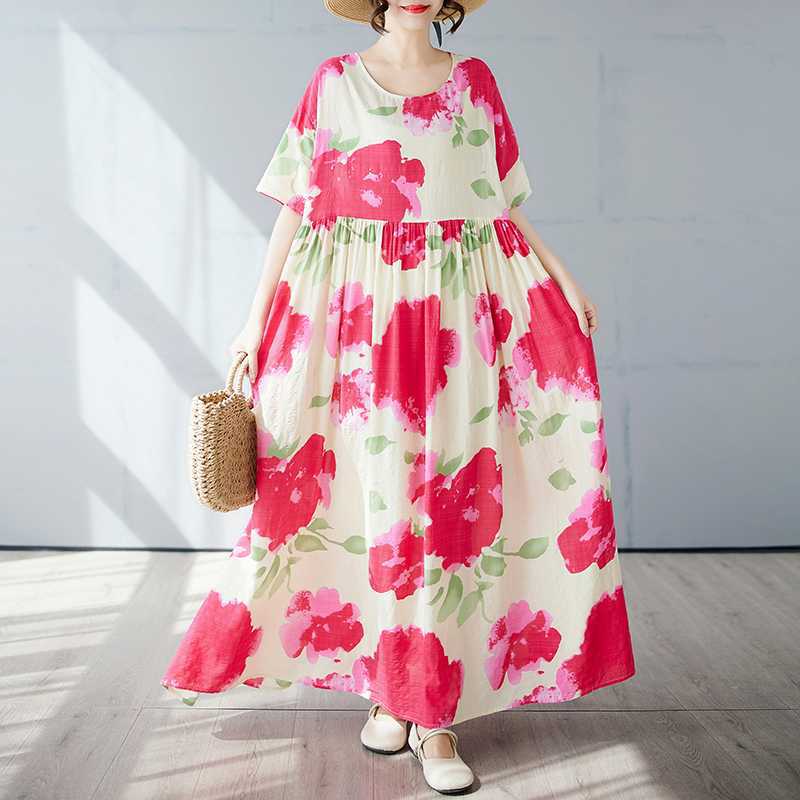 Простая и модная длинная юбка, летнее платье с короткими рукавами и круглым вырезом с принтом