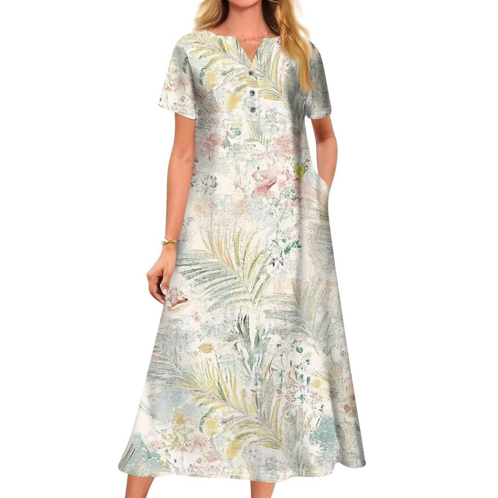 Женское летнее платье свободного кроя с принтом, V-образным вырезом и короткими рукавами