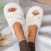 Luxury Pearl Chain Decoration Short Plush Slides Women 2025 Autumn Round Toe Low Heel Slippers Warm Faux Fur Outdoor Slippers