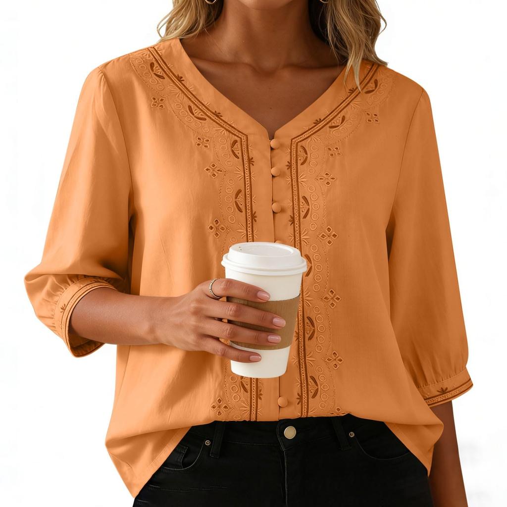 Women's Cotton Linen Tops Retro Chinese Button Top 3/4 Sleeve V Neck Shirts