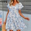 Женская мода лето-весна с цветочным узором и принтом с коротким рукавом и v-образным вырезом, свободная талия, повседневные платья
