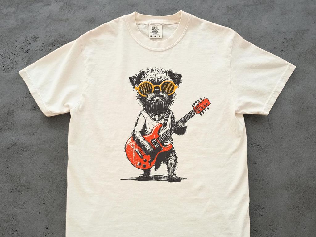 Футболка Rock Griffon – Винтажная футболка с брюссельским гриффоном, играющим на гитаре, Забавная футболка-рокер с гриффоном для мамы папы, Ретро-подарок любителю музыки, Милая собака