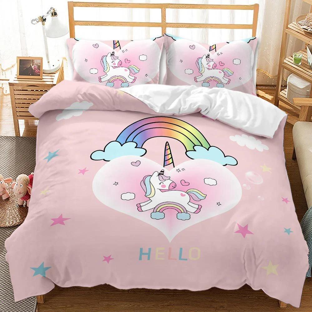 Pink Unicorn Flowers Duvet Cover Set King Queen Double Size Polyester Comforter Cover With Pillowcase For Kids Girls Bedding Set