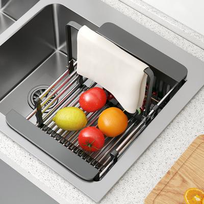 Корзина для слива из нержавеющей стали с регулируемой расширяемой стойкой Многофункциональный кухонный поддон для сушки посуды и мытья овощей Нескользящий Портативный