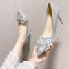 2024 spring and autumn new popular French silver wedding shoes rhinestone pointed high heels bow stiletto temperament single shoes