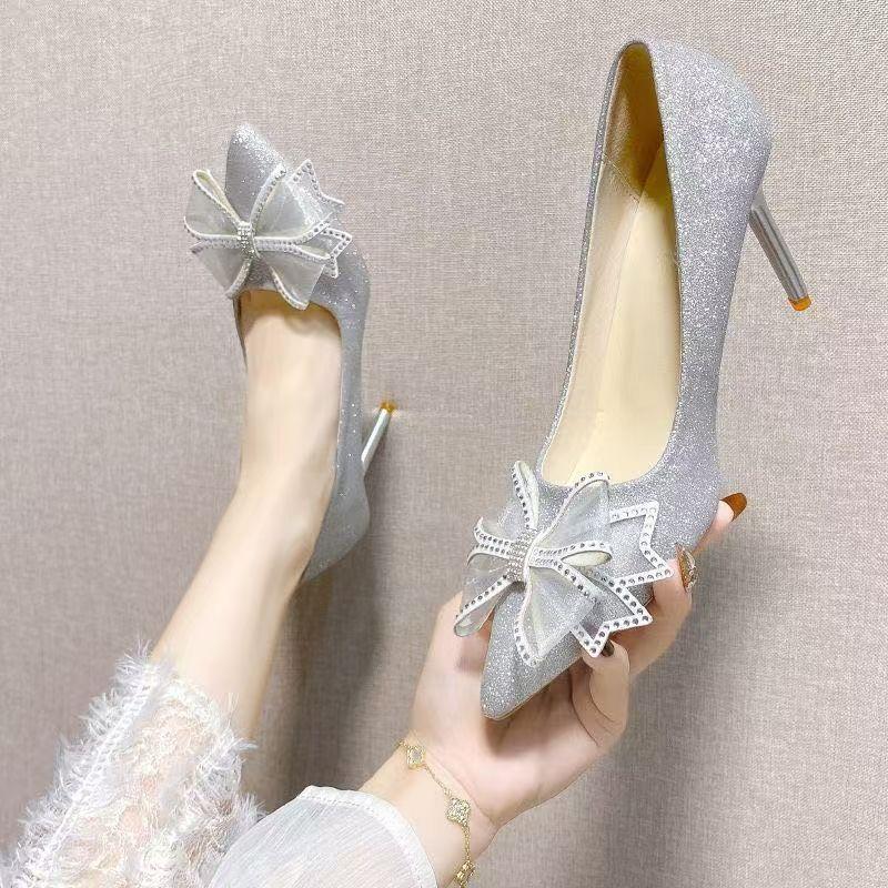 2024 spring and autumn new popular French silver wedding shoes rhinestone pointed high heels bow stiletto temperament single shoes