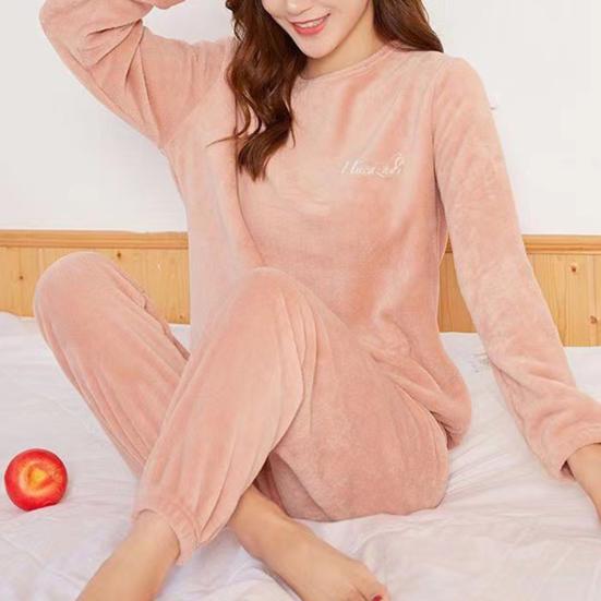 2 Pcs/Set Women Winter Pajamas Set Soft Thick Plush Cold Resistant Solid Color Round Neck Elastic Waist Long Sleeve Lady Homewear Sleeping Set