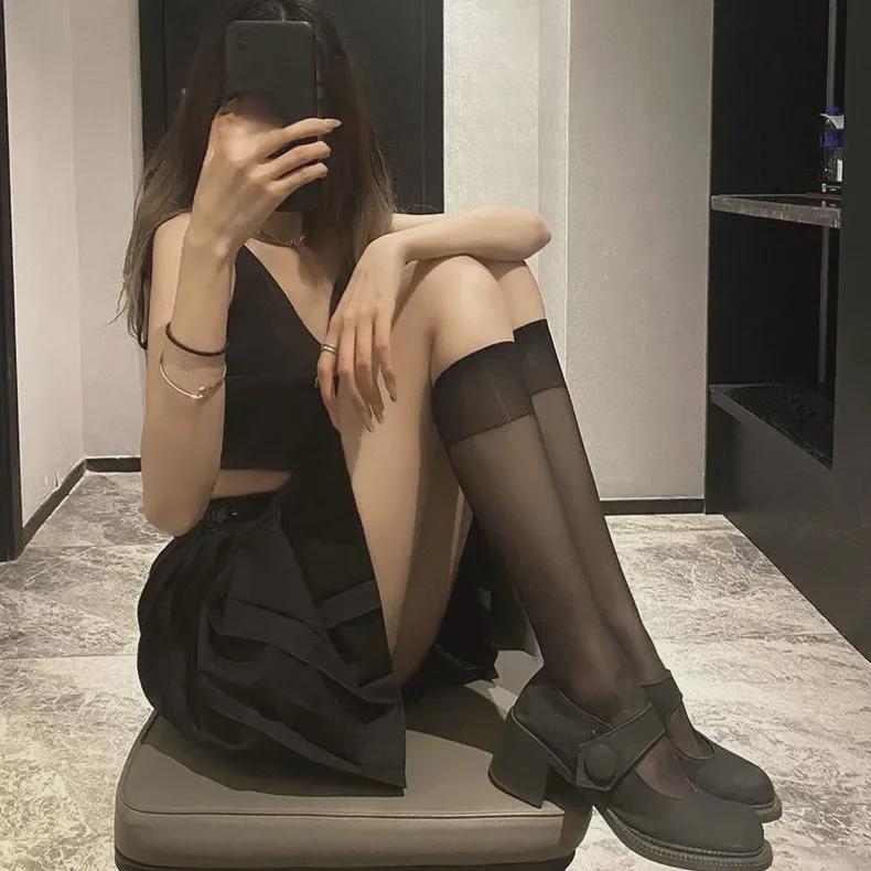 Женские дышащие летние ультратонкие носки JK Trendy выше колена, черные чулки
