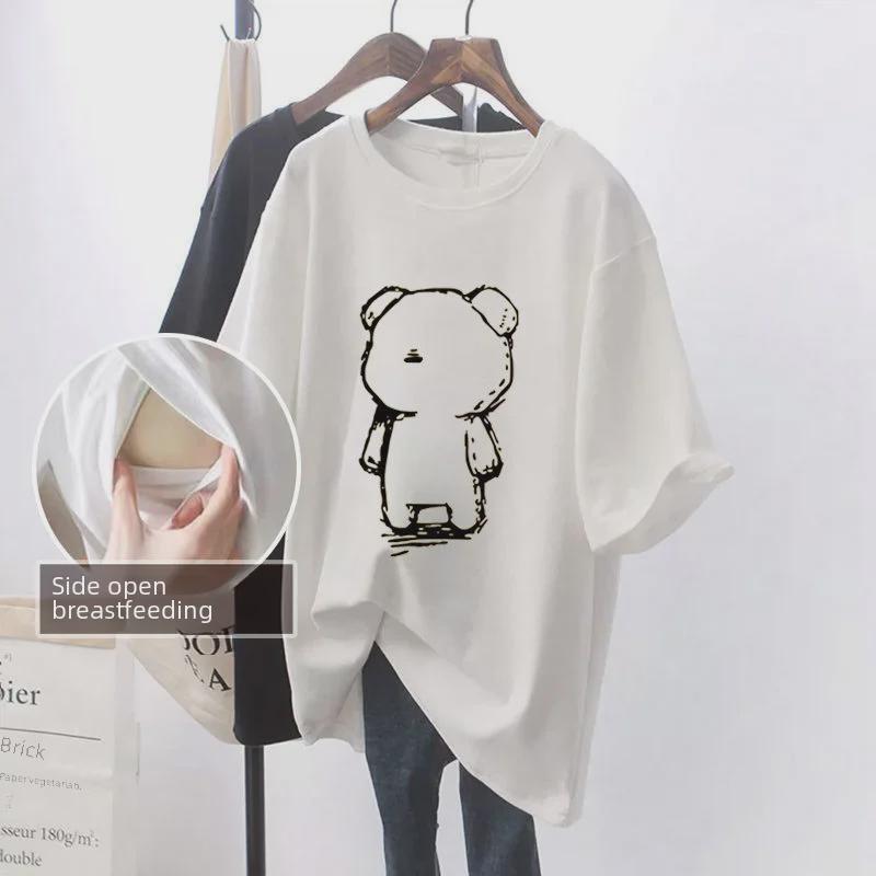 Модная летняя футболка для кормящих мам: Средняя длина, короткие рукава, боковые разрезы, универсально для стиля Hot Mom