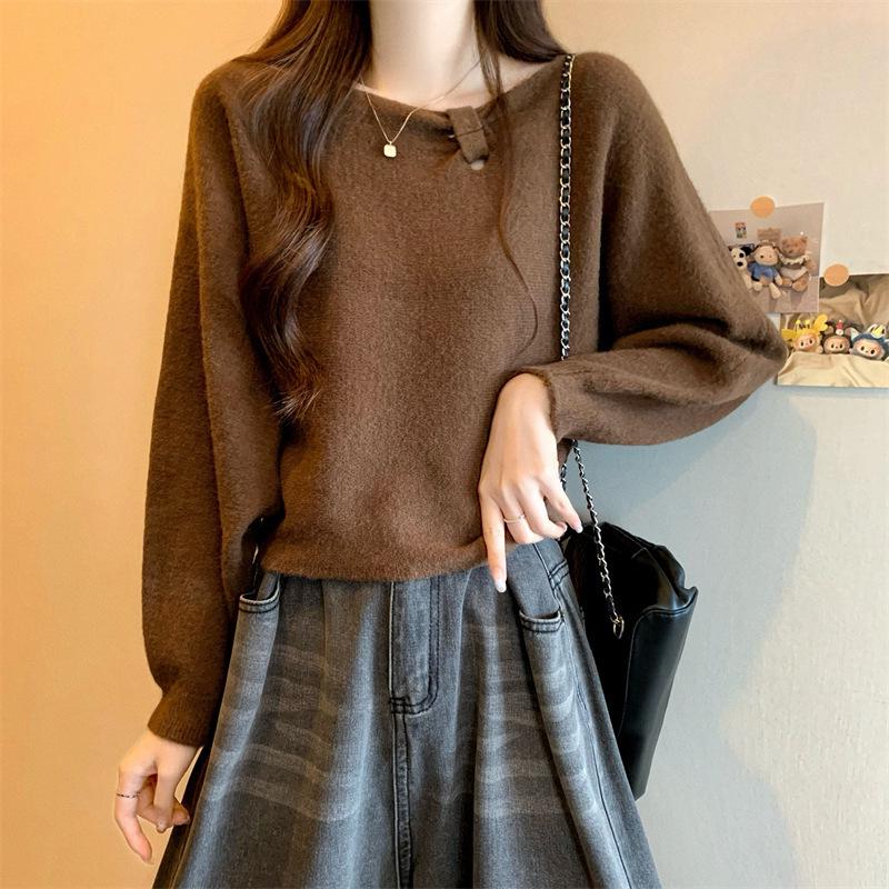 Women's French Chic Solid Color Knitwear Pullover - Long Sleeve Round Neck Sweater for Autumn/Winter