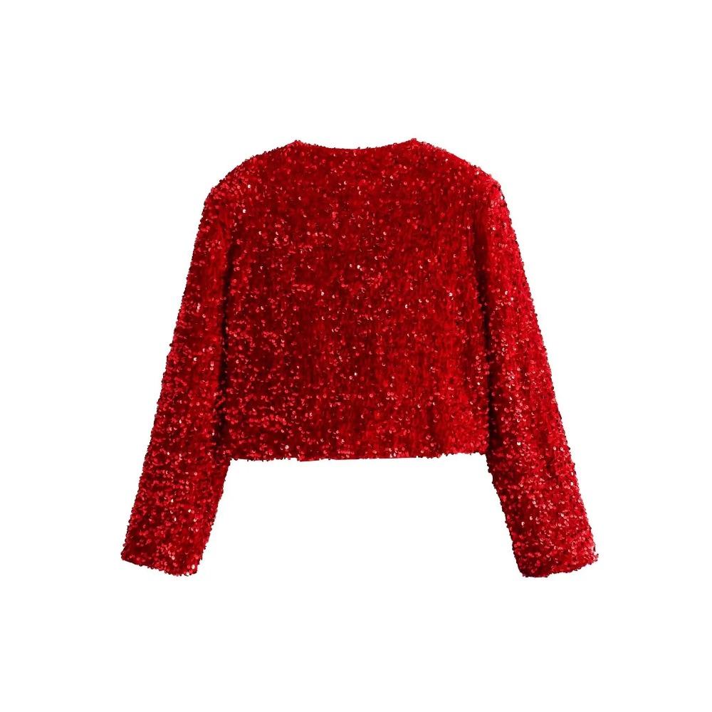 Fashion Holiday Tie-front Sequined Jacket for Women Y2K Shiny Chic Cropped Coat Female Elegant Long Sleeve Lady Party Outerwear