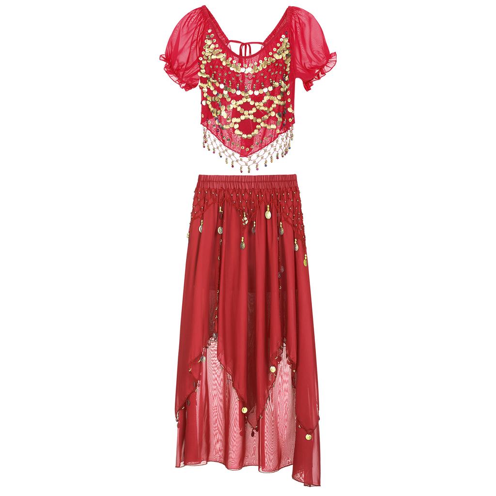 Женский комплект для танца живота с короткими рукавами-фонариками, расшитый пайетками, и юбка с неравномерным многоуровневым краем для сцены Хэллоуина