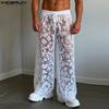 Men Elastic Waist Lace Hollow See Through Long Wide Legs Pants Trousers Cover Up
