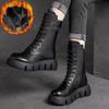 Winter Leather Women Boots  Short Plush Mid-heel Snow Boots Lace Up Warm Lady Platform Biker Ankle Boots for Women Shoes