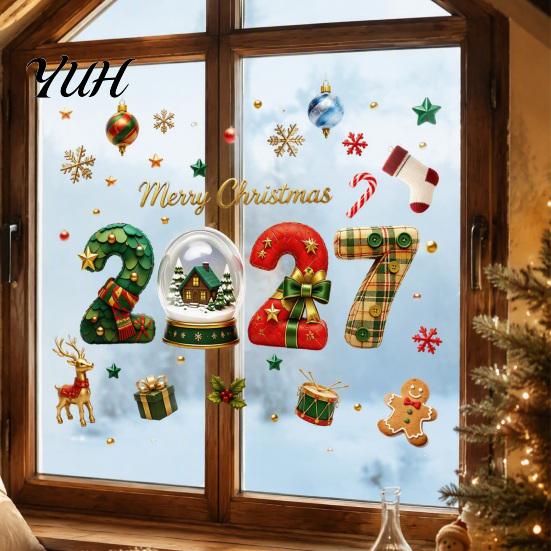 Seasonal Glass Ornaments Christmas Window Clings, Static Sticker with Merry Christmas, Elk Gingerbread Clings Man Decals, PVC Non-Adhesive Film