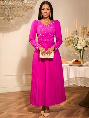 Розовые плиссированные платья с бисером, V-образным вырезом, длинными рукавами, высокой талией, А-силуэта, вечерние, коктейльные, длиной до щиколотки, приталенные и расклешенные платья