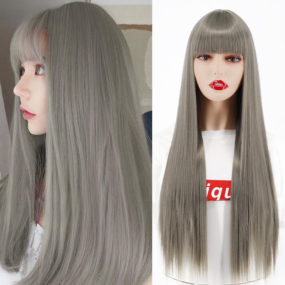 MERISIHAIR Женский длинный прямой серебряный парик с челкой, черный, серебристый, коричневый, цвет омбре, парик из синтетического волокна для женщин