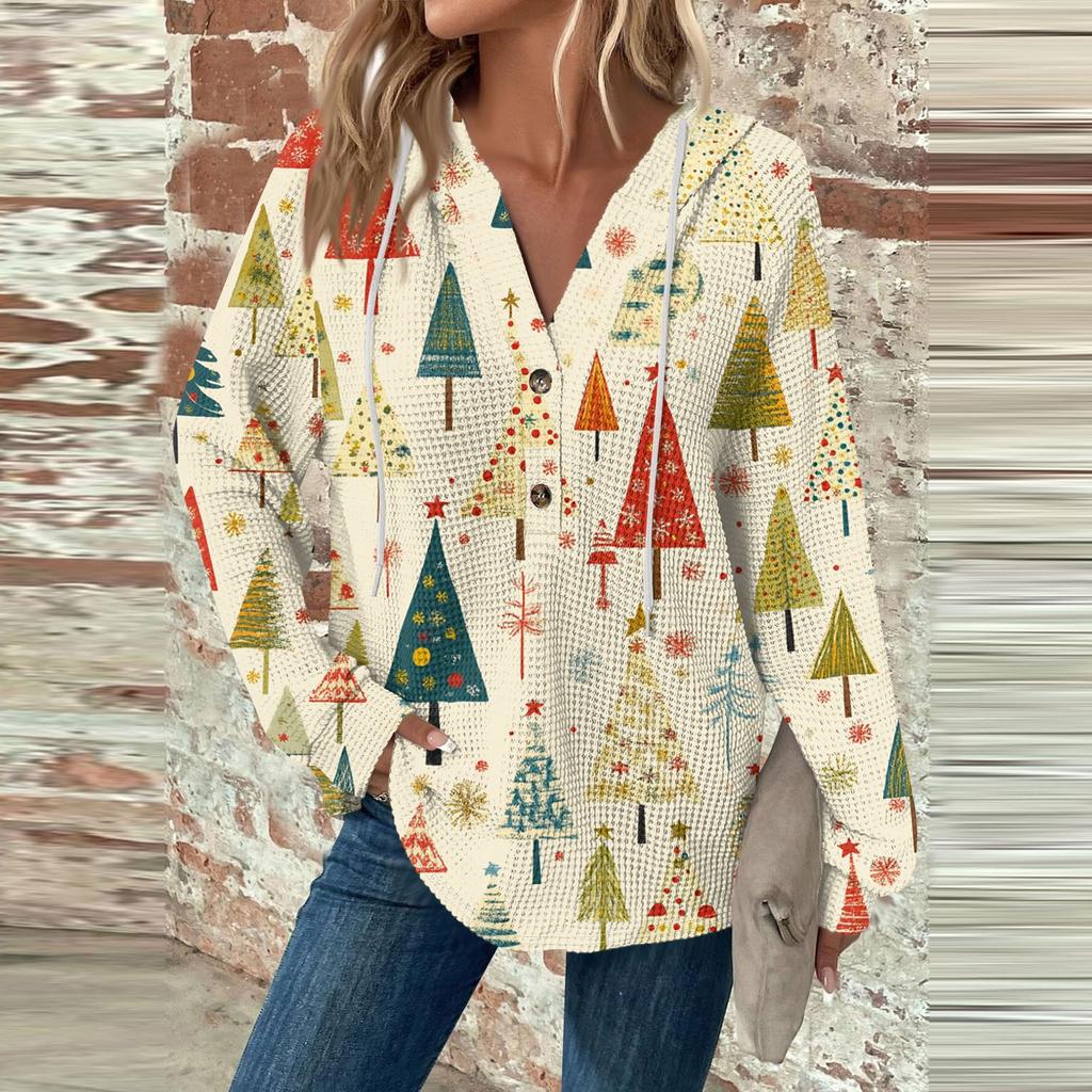 Women's Fashion Casual Long Sleeve  Drawstring Button V-Neck  Hooded Christmas Printed Sweatshirt Top