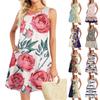 Летние платья для женщин Пляжный Бохо Без рукавов Принт Струящиеся Карманы Футболки Сарафаны