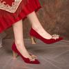Wedding Shoes Women's Pointed Wedding Bride Shoes 2024 New Chinese Thick Heel Single Shoes Xiuhe Rhinestone Red High Heels