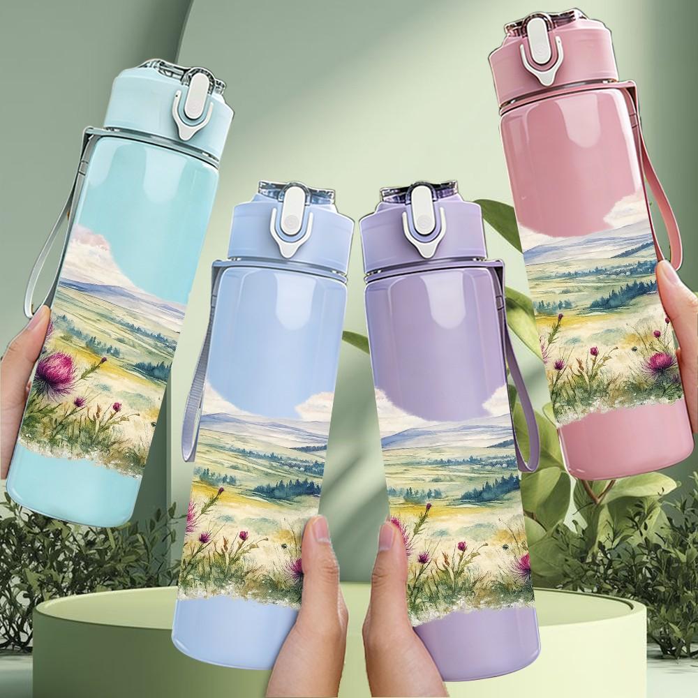 1PC Soft Pastel Mountain Lake Landscape Print 750ml Color Plastic Sports Water Bottle Leakproof Flip Straw Lid Suitable for Sports Office Home Use