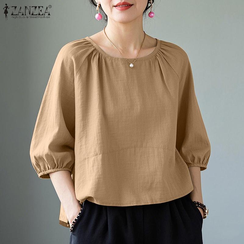 ZANZEA Женская повседневная однотонная блузка с круглым вырезом и рукавом 3/4