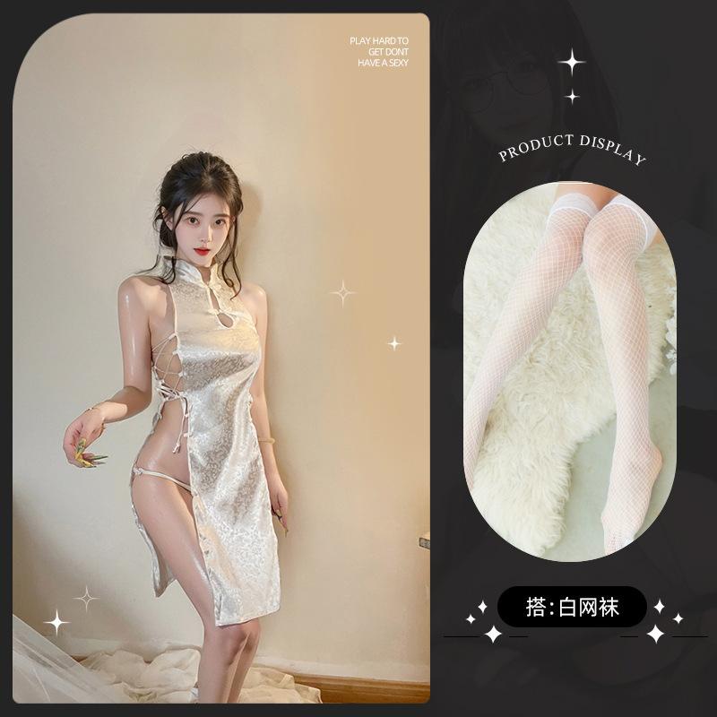 Sex underwear sexy neck hollow retro split mesh national style cheongsam sex suit