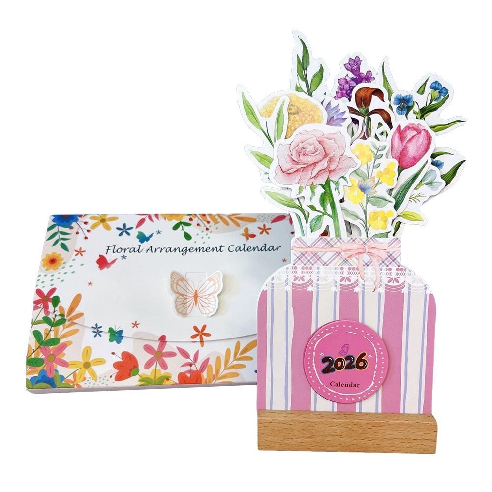 Detachable Base Bloomy Flowers Desk Calendar Wooden Base Monthly Planner for Table Desk Decor