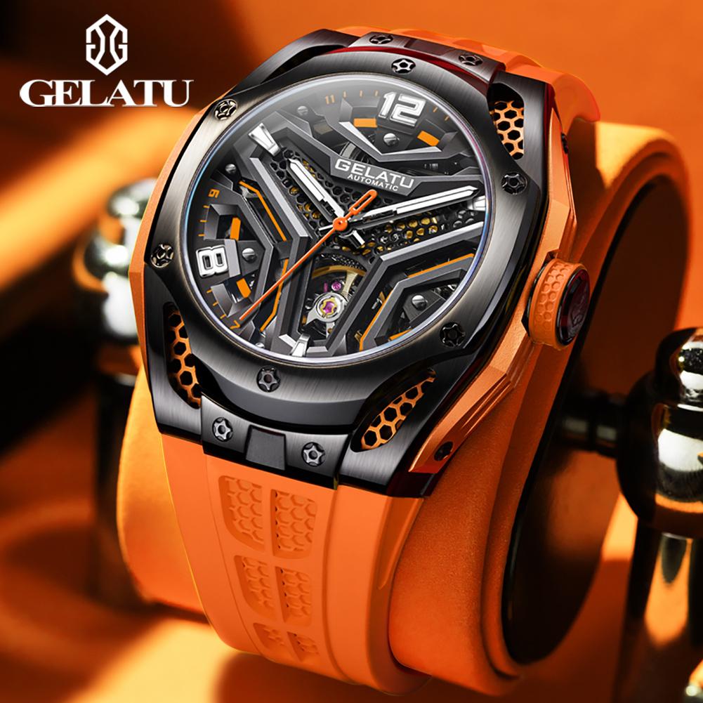GELATU 6007 Men Watch Top Brand Sport Automatic Mechanical Watch For Men Waterproof Number Scale Hollow Silicone Strap Man Clock