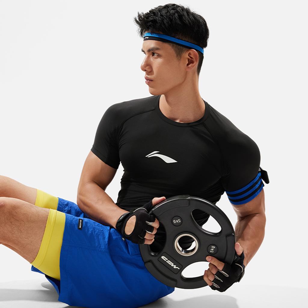 Li-Ning Простой логотип круглый вырез свитер короткий рукав фитнес рубашка мужские топы черный AUDU049-1